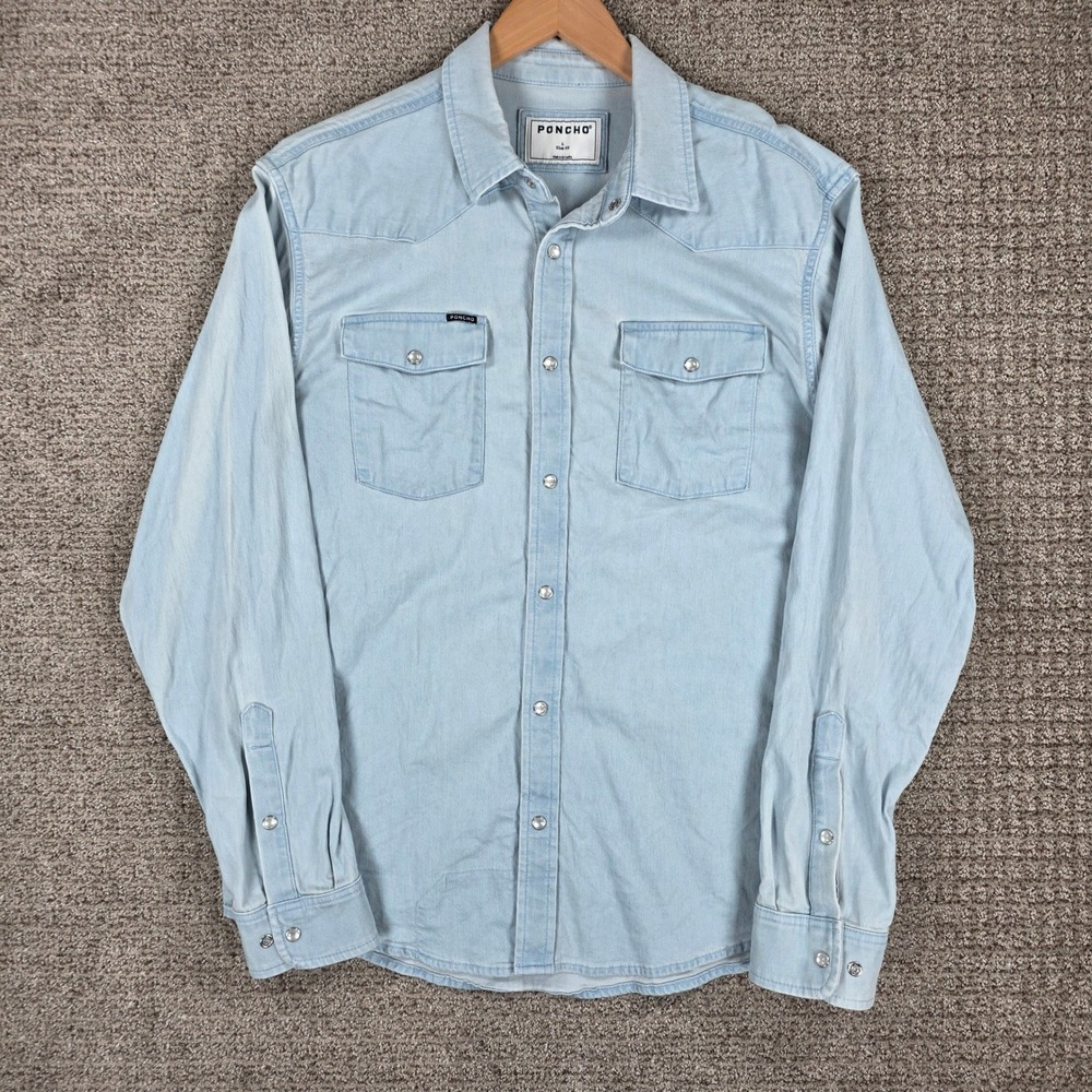 Poncho The Marfa Mens Large Slim Fit Light Wash Denim Western Pearl Snap Shirt